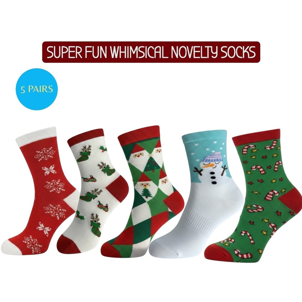 Novelty Christmas Knit Socks 5.5-8.5 US Holiday Unisex Soft Snowflake‎ 5 Pk NEW